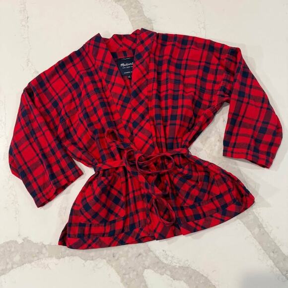 Madewell 1937 Buffalo Plaid Kimono Style Tie Wrap Sweater Womens Small Red/Black - Picture 1 of 6